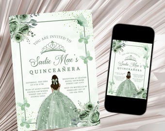 Puede incluir: Una invitación para una Quinceañera, con un diseño que presenta a una joven con un vestido verde, mariposas y detalles florales. La invitación se muestra sobre un fondo blanco, con un teléfono inteligente que muestra el mismo diseño.