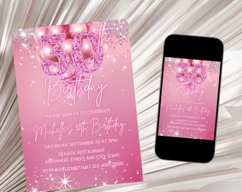 Invitación rosa para el 30 cumpleaños, Invitación moderna para fiesta de 30 cumpleaños, Invitación de cumpleaños totalmente rosa, Plantilla de invitación para el trigésimo cumpleaños