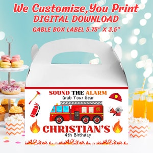 Firetruck Gable Box Label, Kids Custom Box Label, Firefighter Party Box Label Template Digital Download