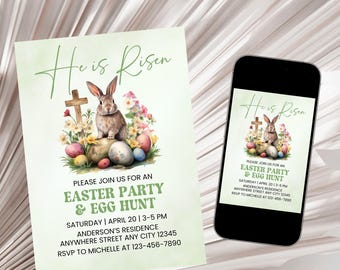He is Risen Easter Invitation, Cross Easter Invitation, Easter Bunny Invite, Easter Egg Hunt Invitation, Easter Invitation Template Digital