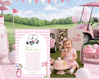 Pink Golf Hole-in-One Birthday Thank you Card with Photo, Girl Sport Par-Tee (Digital Template)