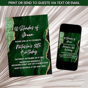 Shades of Green Birthday Invitation, Adult Shade of Green Invitation, Green Birthday Invite, Green & Gold Birthday Dinner Invite Template