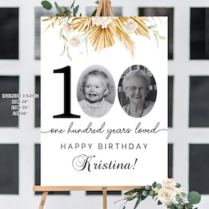 Editable 100th Birthday Welcome Sign, 100 years loved Photo Welcome Board, Floral 100th Birthday Welcome Sign, Adult 100 Birthday Decoration
