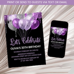 Purple and Silver Birthday Invitation, Adult Birthday Invite, Purple Glittered Balloons Birthday Invite, Birthday Celebration Invite Digital