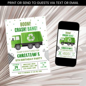 Garbage Truck Birthday Invitation, Boom Crash Bang Birthday Invite, Garbage Collector Vehicle, Garbage Truck Invitation Template Digital