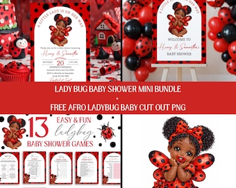Afro Ladybug Baby Shower Invitation, Welcome Sign, Games, Afro Lady Bug PNG Baby Red and Black (Digital Download)