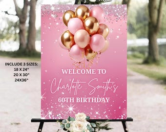Pink and Gold Balloons Birthday Welcome Sign, Shade of Pink Birthday Sign, Pink Birthday Welcome Sign, Birthday Dinner Sign Template Digital