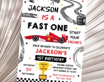 Może przedstawiać: Czerwono-czarne zaproszenie na urodziny z motywem wyścigowego samochodu, z flagą w szachownicę, śladami opon i tekstem "Jackson is a Fast One" oraz "Start Your Engines". Zaproszenie zawiera informacje o imprezie w sobotę, 24 września, w godzinach od 14:00 do 16:00 w Racing Center, Anywhere Street Any, City Avenue St 12345. Prosimy o potwierdzenie uczestnictwa u Michelle pod numerem 123-456-7890.