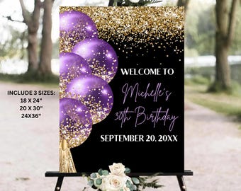Purple and Gold Birthday Welcome Sign, Women Purple Birthday Sign, Purple Gold Glitter Balloon Birthday Welcome Poster Template Digital
