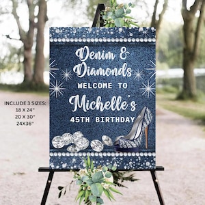 Editable Denim and Diamonds Welcome Sign, Denim & Diamonds Welcome Board, Adult Denim and Diamonds  Birthday Welcome Poster, Adult Denim