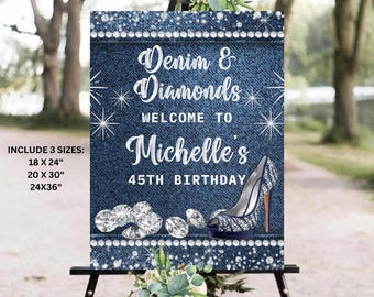 Editable Denim and Diamonds Welcome Sign, Denim & Diamonds Welcome Board, Adult Denim and Diamonds  Birthday Welcome Poster, Adult Denim