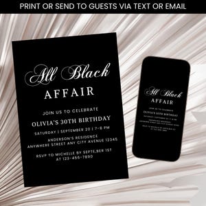 All Black Affair Party Invitation, Adult All Black Birthday Invitation, Modern Birthday Invite, Black Affair Birthday Party Invite Template