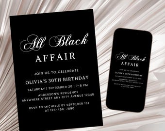 All Black Affair Party Invitation, Adult All Black Birthday Invitation, Modern Birthday Invite, Black Affair Birthday Party Invite Template