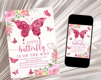 Pink Butterfly Baby Shower Invitation, Girl Baby Shower Invite, A Little Butterfly is On the Way, Pink Butterflies Baby Shower Invitation