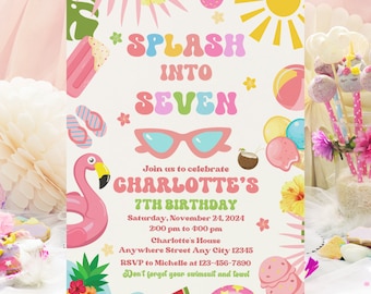 Zaproszenie na siódme urodziny Splash Into Seven Edytowalny tropikalny letni szablon zaproszenia na siódme urodziny Splash Splash Pool Party