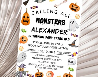 May include: A Halloween party invitation with a white background and colorful illustrations of pumpkins, ghosts, candy, and a witch's hat. The text reads "Calling all Monsters Alexander is turning four years old. Please join us for a Spooktacular Celebration. Saturday 05.10.2025 2:00-4:00 PM Johnson's Residence Anywhere Street Any City Avenue St 12345 RSVP to Michelle by September 1st at 123-456-7890."