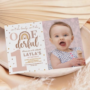 Boho Rainbow Birthday Invitation with Photo, Girl 1st Birthday Invitation, Rainbow 1st Birthday, Onederful Birthday Invitation Template