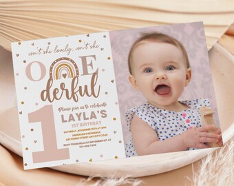Boho Rainbow Birthday Invitation with Photo, Girl 1st Birthday Invitation, Rainbow 1st Birthday, Onederful Birthday Invitation Template
