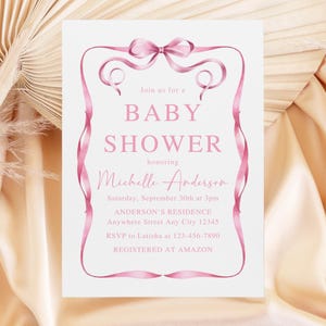 Pink Bow Baby Shower Party Invitation, Coquette Baby Shower Invite, Ribbon Baby Sprinkle Invitation, Girl Baby Shower Invitation Template