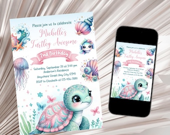 Sea Turtle Invitation, Turtle Birthday Invitation, Under The Sea Birthday Party Invitation, Turtley Awesome Birthday Invite, Turtle Digital