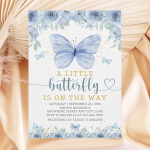 Blue Butterfly Baby Shower Invitation, Butterfly Baby Sprinkle Invite, Blue Gold Floral Butterfly Baby Shower Invitation Template Digital