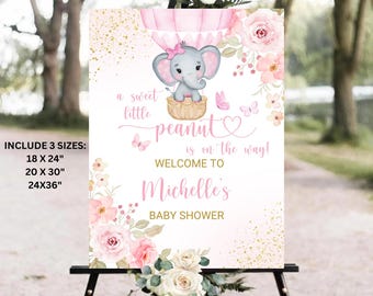Girl Elephant Baby Shower Welcome Sign, Pink Elephant Baby Shower Sign, A sweet little Peanut Elephant Baby Shower Welcome Sign Template