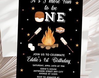 Editable S'more Birthday Invitation Smore 1st Birthday Party Invite Camping Party Invite Bonfire Birthday Invitation S'more Fun to Be One