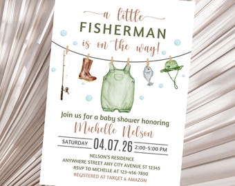 Invitación editable para baby shower con temática de pesca, Invitación para baby shower "Un pequeño pescador está en camino", Baby shower con ropa de pesca para bebé, Lavandería para bebé