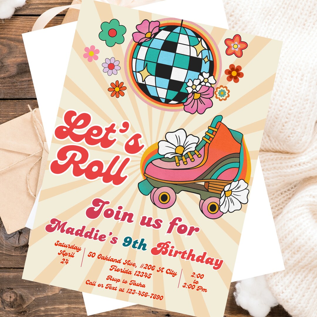 Girl Roller Skate Party Invitation Retro Roller Skate Party Invitation Groovy Roller Skate