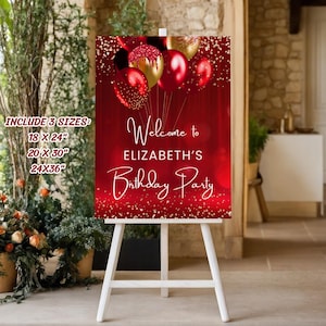 Red and Gold Birthday Welcome Sign, Adult Birthday Dinner Welcome Sign, Red Gold Balloons Birthday Welcome Poster Template Digital Download