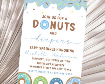 May include: A baby sprinkle invitation with a light blue and white design. The invitation reads "Join us for Donuts and Diapers" with the event details. The invitation features donut illustrations.