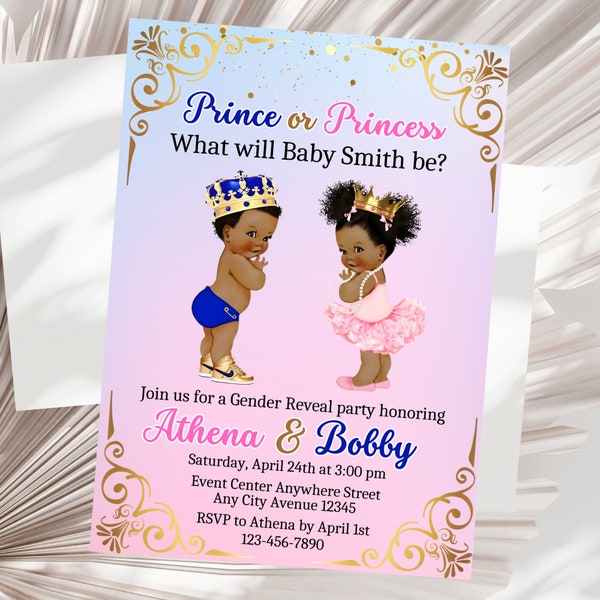 Editable Prince or Princess Gender Reveal Invitation, Afro Prince or Princess Invites, Royal Gender Reveal Invitation Template Blue Pink