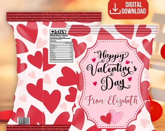 Puede incluir: Diseño de bolsa de patatas fritas para el Día de San Valentín imprimible con fondo rosa y blanco con corazones rojos y el texto "Feliz Día de San Valentín" con un nombre personalizado "Elizabeth".
