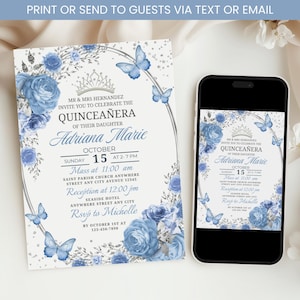 Blue and Silver Quinceañera Invitation, Mis Quince Anos Invite, Girl 15th Birthday Invitation, Blue Floral Birthday Party Invite Template
