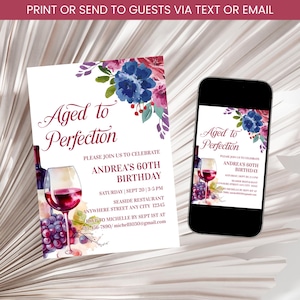 Aged to Perfection Birthday Invitation, Wine Birthday Invite, Fine Like Wine Women Invitation, Wine Party Invitation Template Digital