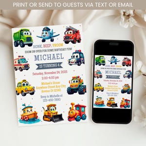 Transportation Birthday Invitation, Honk Beep Vroom, Train Birthday Invitation, Cars Birthday Invite, Truck and Cars Birthday Invitation