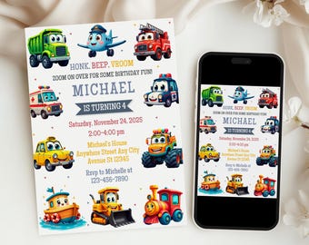 Invitación de cumpleaños de transporte, Honk Beep Vroom, Invitación de cumpleaños de tren, Invitación de cumpleaños de autos, Invitación de cumpleaños de camiones y autos