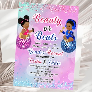 Editable Beauty or Beats Gender Reveal Invitation African American  Princess and Prince Beats or Beauty Invitation Template Digital Download