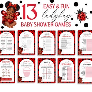 May include: A set of 13 baby shower games with a ladybug theme. The games include "What's in your phone?", "The price is right", and "Baby animal game". The design features red and black polka dots and ladybug illustrations.