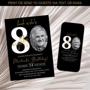 80th Birthday Invitation, Modern 80th Birthday Invite, Look Who's 80 Birthday Invitation, Black & Gold 80th Birthday Invitation Template
