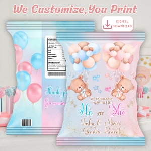 Bear Gender Reveal Chip Bag Template,He or She Gender Reveal ChipWrap, Teddy Bear Chipbag Printable, Custom Gender Reveal Party Favor
