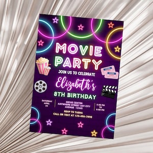 Editable Movie Birthday Invitation, Movie Party Invite, Movie Theater Invitation, Cinema Birthday Invitation, Movie Ticket Invite Glow Party