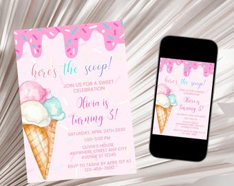May include: A pink birthday party invitation with an ice cream cone graphic. The invitation reads "here's the scoop!" and includes party details. A smartphone displays the same invitation. The invitation is for Olivia's 3rd birthday.