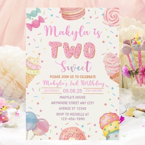 Editable Two Sweet Birthday Invitation  Candy Sweet 2nd Birthday Girl Invite CandyLand Birthday Invite Donut Ice Cream Party InviteTemplate