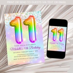 Rainbow 11th Birthday Invitation, Girl Rainbow Birthday Invite, 11th Birthday Invitation, Rainbow Balloon Eleventh Birthday Invite Template