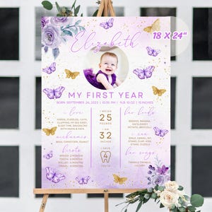 Könnte beinhalten: Ein personalisiertes Baby-Meilenstein-Poster, 46 x 61 cm, mit einem Foto eines Babys. Das Poster hat ein lila und goldenes Schmetterlings-Thema und enthält Details über das erste Jahr des Babys, einschließlich Gewicht, Größe und Lieblingsdinge.
