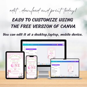 Peut inclure: Une invitation num&eacute;rique affich&eacute;e sur plusieurs appareils, dont une tablette, un smartphone et un ordinateur portable. L'invitation pr&eacute;sente un motif &agrave; carreaux roses et blancs, des graphiques sur le th&egrave;me du golf et le texte "Let's Par-Tee". Le texte "Facile &agrave; personnaliser avec la version gratuite de Canva" est &eacute;galement visible.