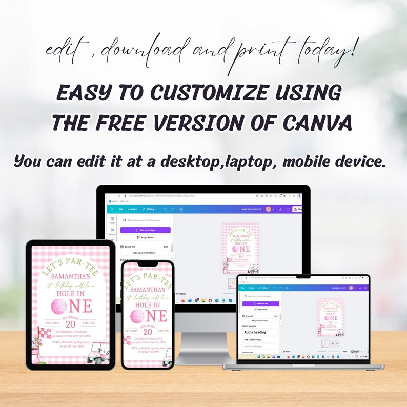 Peut inclure: Une invitation num&eacute;rique affich&eacute;e sur plusieurs appareils, dont une tablette, un smartphone et un ordinateur portable. L'invitation pr&eacute;sente un motif &agrave; carreaux roses et blancs, des graphiques sur le th&egrave;me du golf et le texte "Let's Par-Tee". Le texte "Facile &agrave; personnaliser avec la version gratuite de Canva" est &eacute;galement visible.