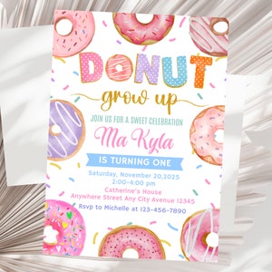 Donut Grow Up Birthday Invitation, Donut Party Invite, Girl Donut Party, Doughnut Birthday Template Digital Download