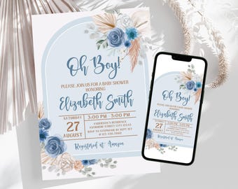 Oh Boy babyshower uitnodiging, blauwe boho pampa's, babybrunch uitnodiging, baby strooi uitnodiging sjabloon digitale download